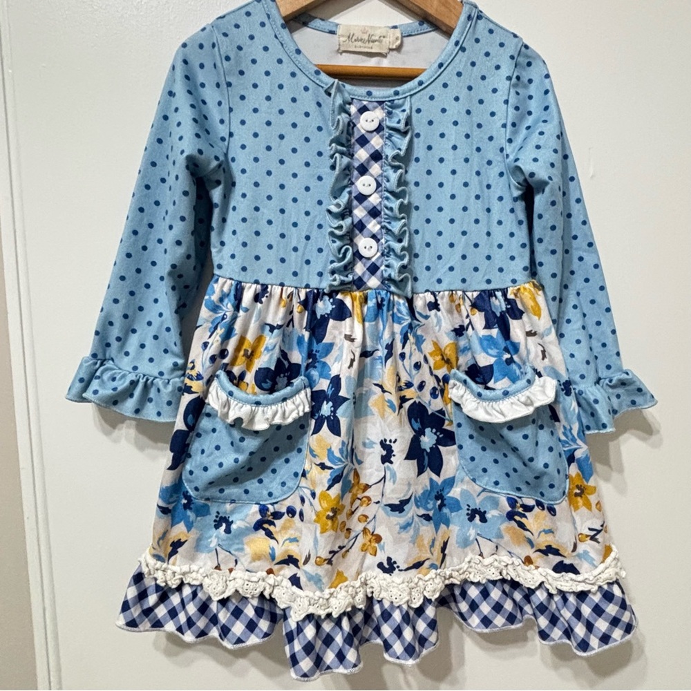 Blue and White Ruffled Tiered Sundress with Cuffed Sleeves